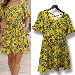 Turn Left | EUC Boho Yellow Blue Floral Ruffle Sleeve Mini Dress